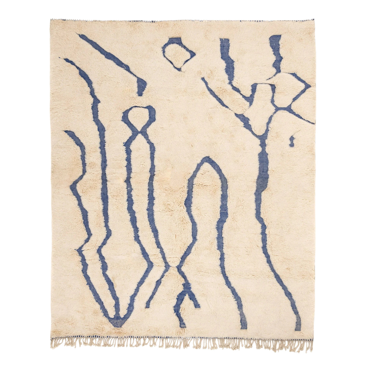 Handmade Moroccan wool rug ivory with carved indigo freeform vertical lines
