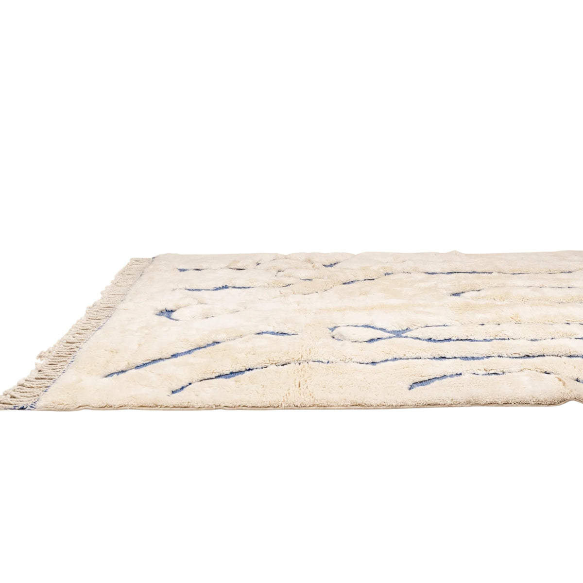Handmade Moroccan wool rug ivory with carved indigo freeform vertical lines