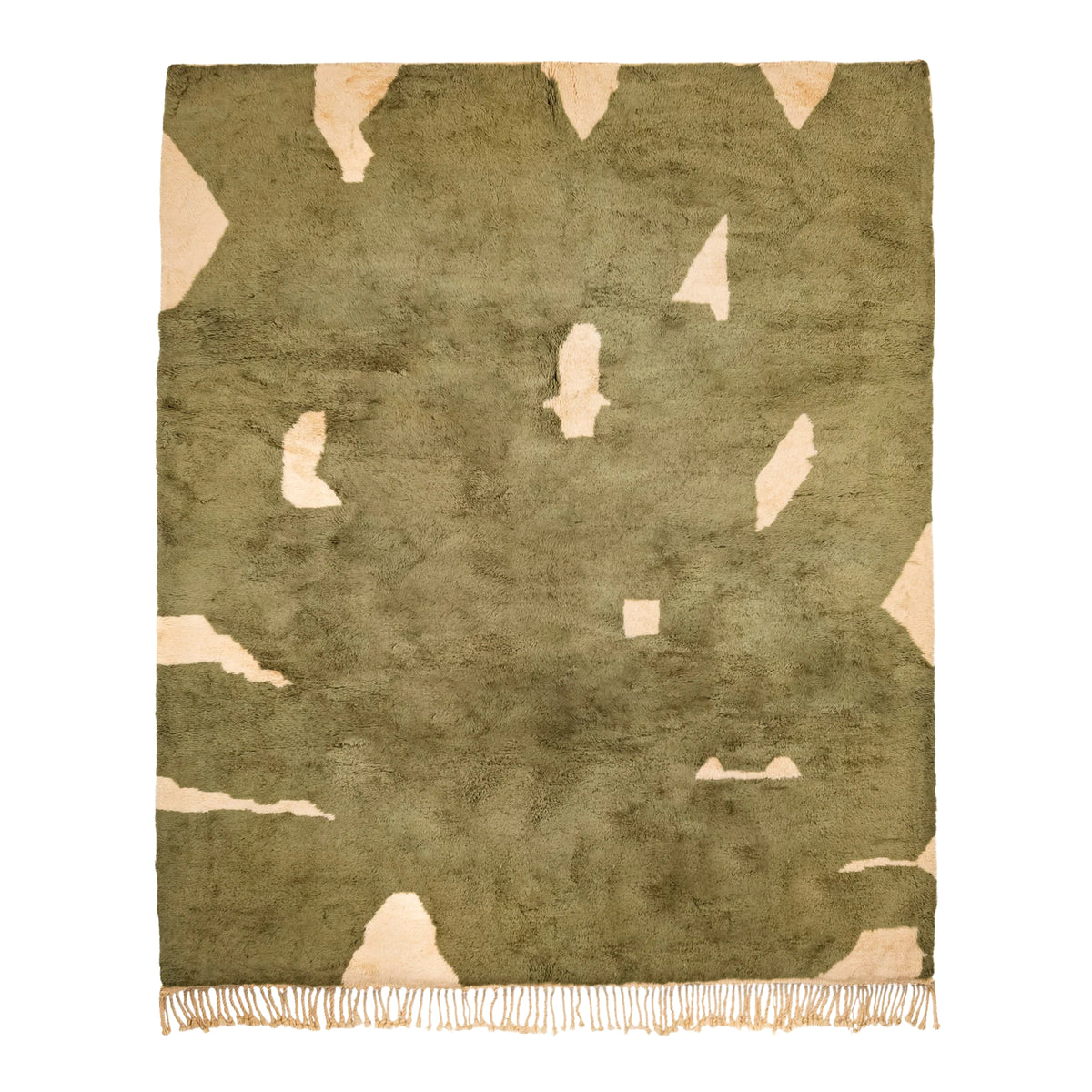 Handmade Moroccan wool rug in olive green and cream with abstract geometric shapes and fringe