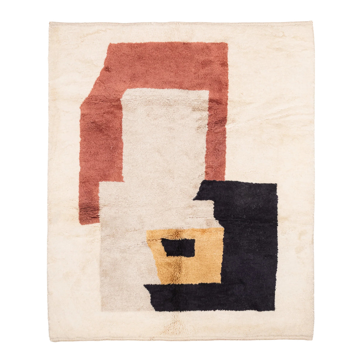 Handmade Moroccan wool rug in cream with rust-red, charcoal, gray, and mustard abstract block design