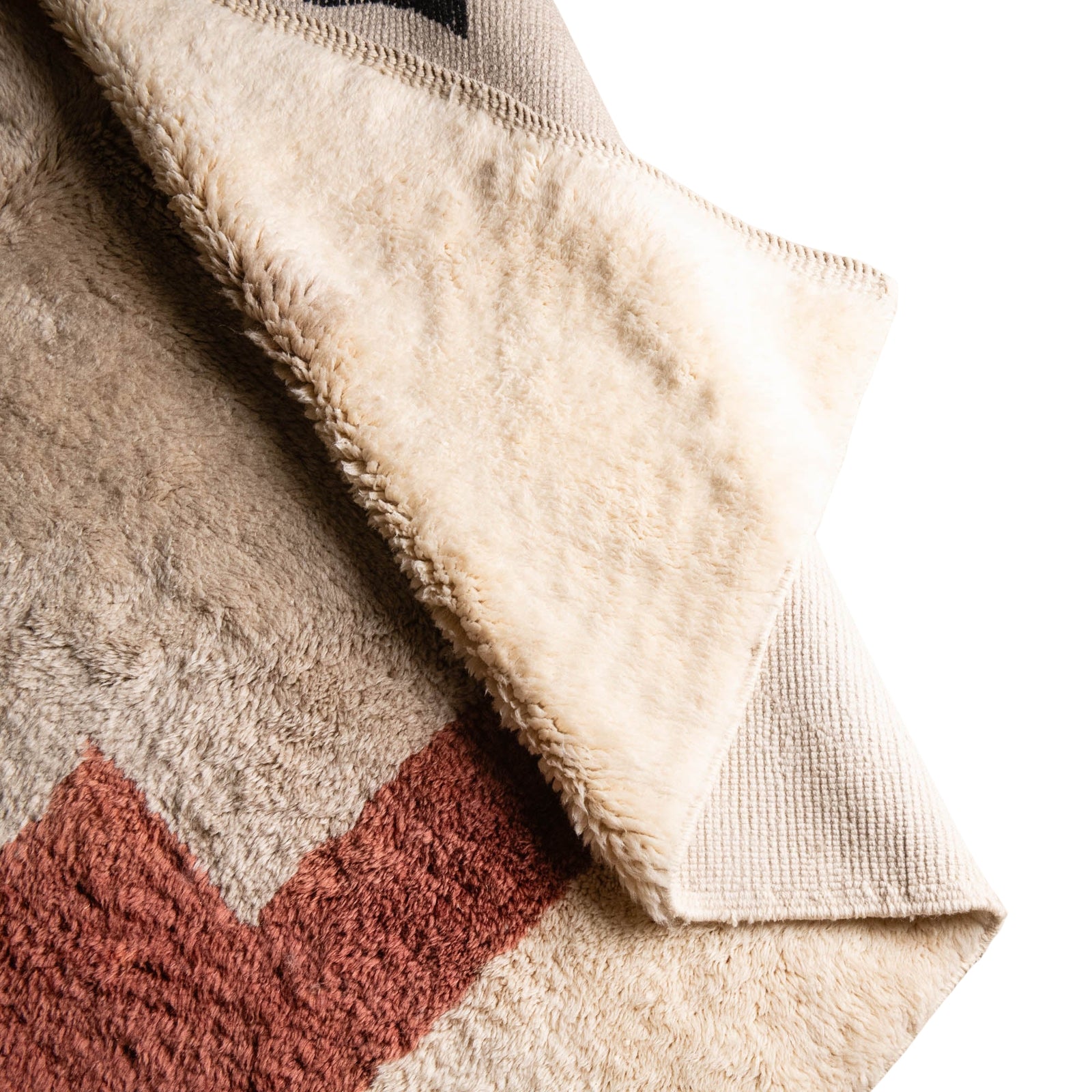Handmade Moroccan wool rug in cream with rust-red, charcoal, gray, and mustard abstract block design