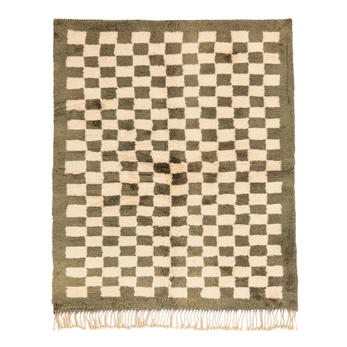 Handmade Moroccan wool rug sage green with carved ivory checkerboard relief
