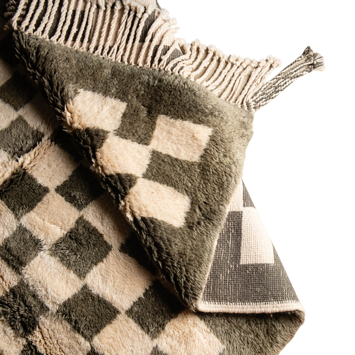 Flipped Handmade Moroccan wool rug sage green with carved ivory checkerboard relief