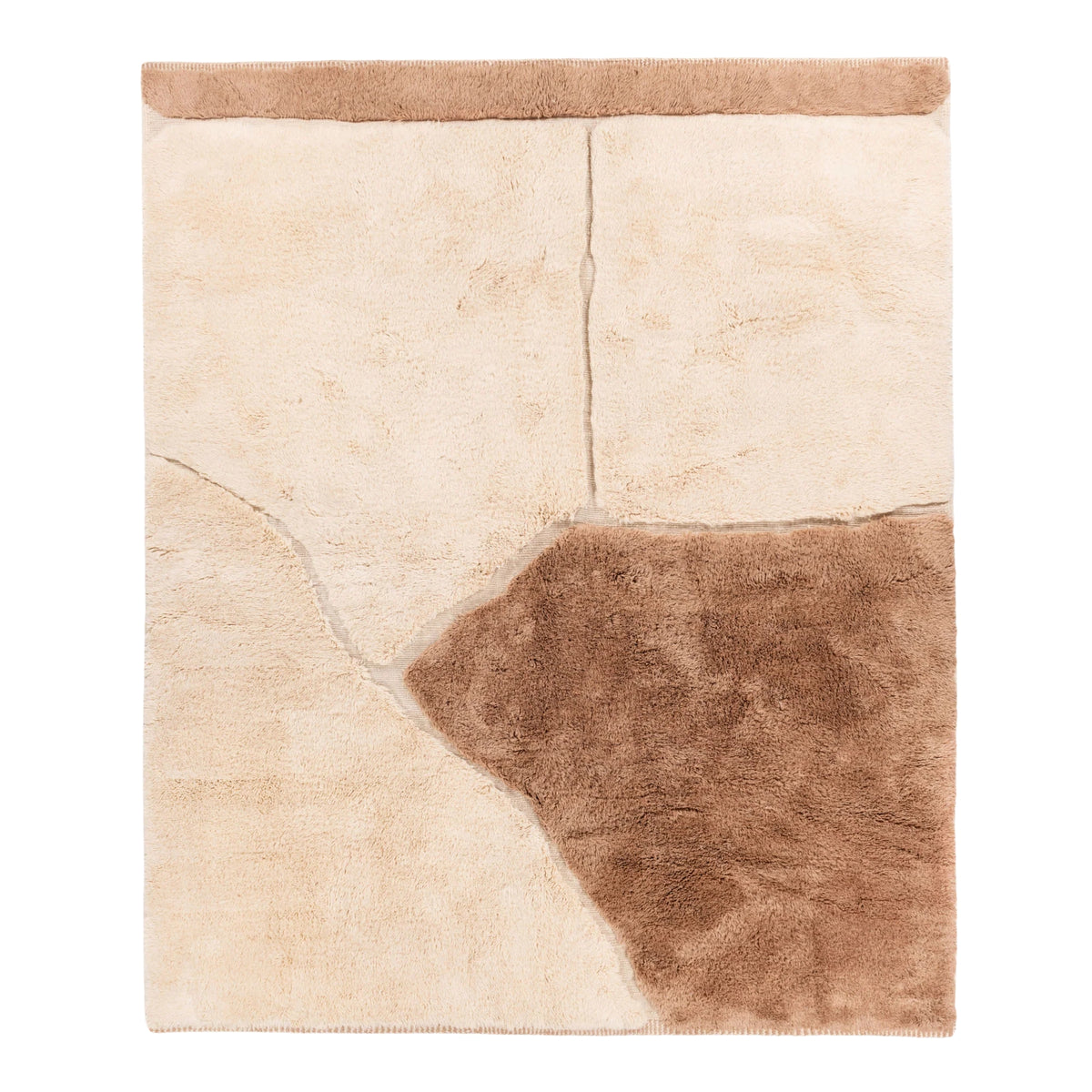 Handmade Moroccan wool rug in ivory cream and camel brown with abstract geometric shapes