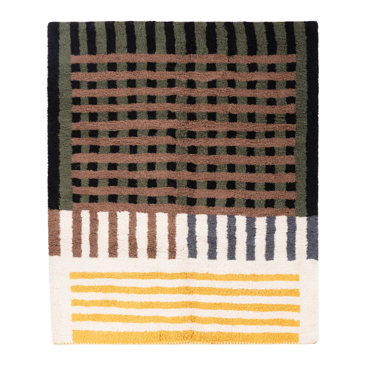 Harvest Lattice handmade Mrirt Moroccan wool rug in olive green, black, terracotta, ivory &amp; mustard geometric design