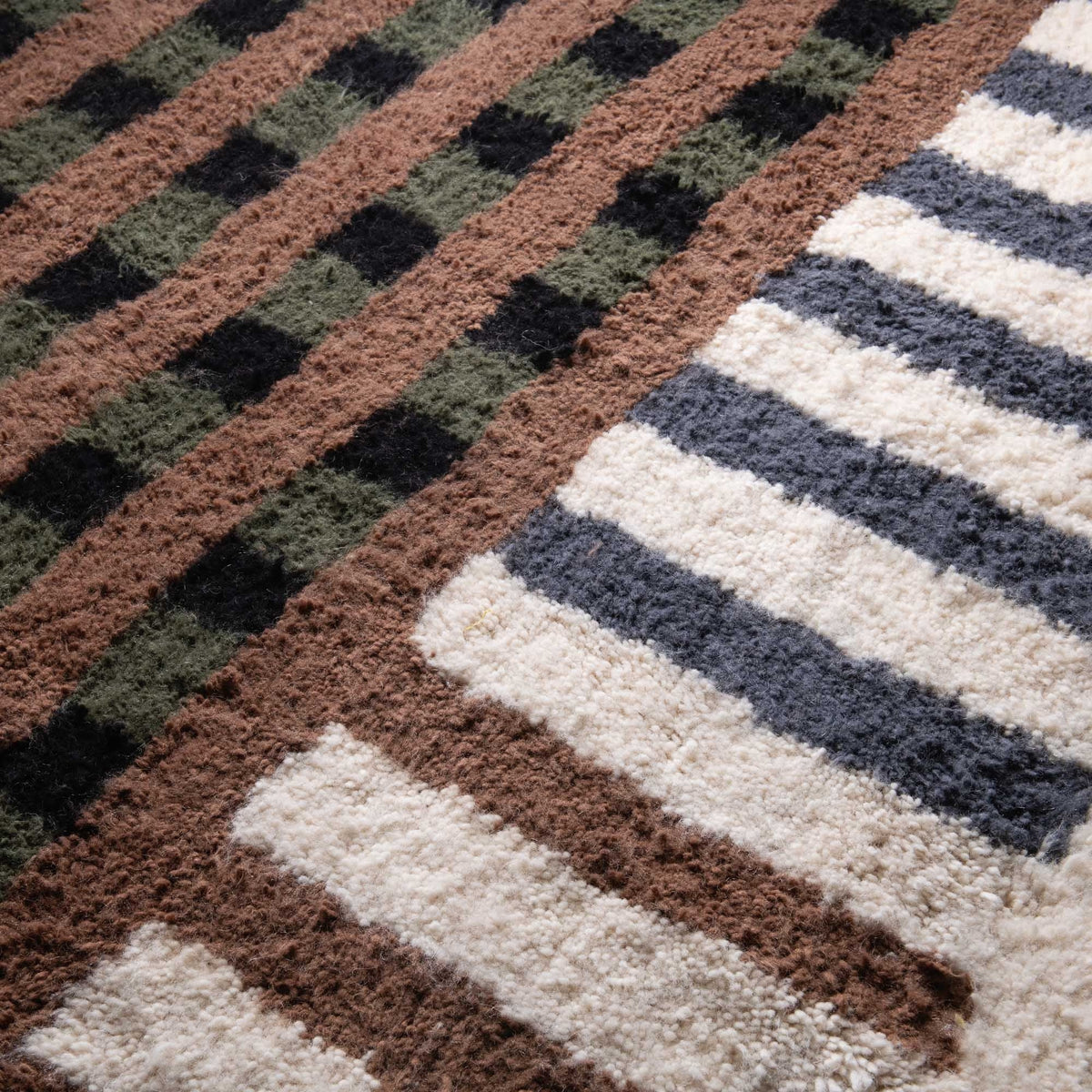 close-up Harvest Lattice handmade Mrirt Moroccan wool rug in olive green, black, terracotta, ivory &amp; mustard geometric design