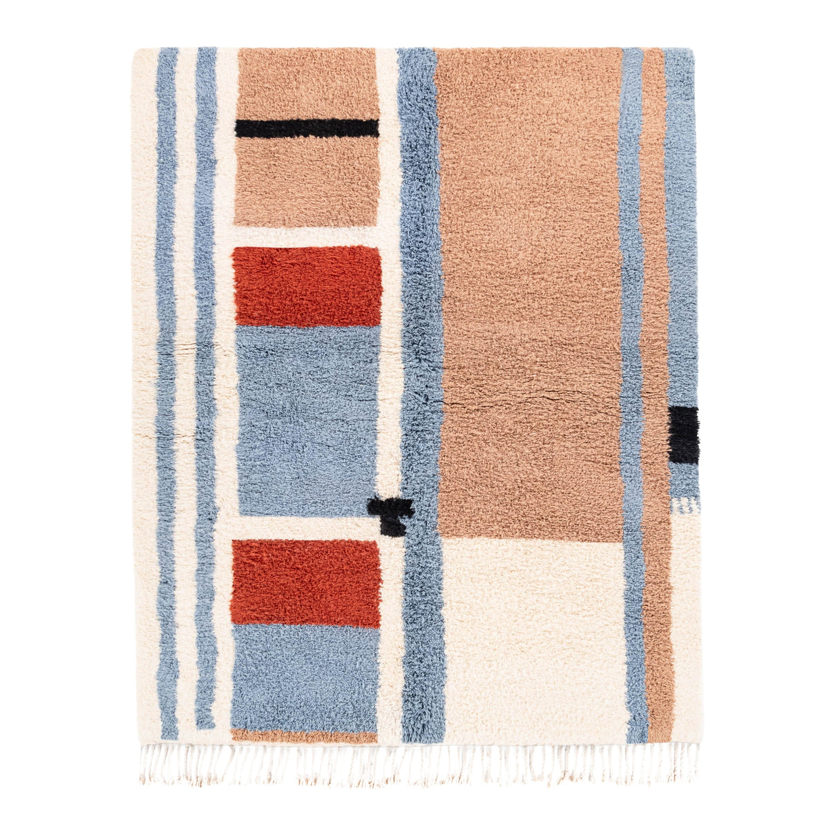 Sky &amp; Sand handmade Mrirt Moroccan wool rug in beige, blue &amp; terracotta geometric block design