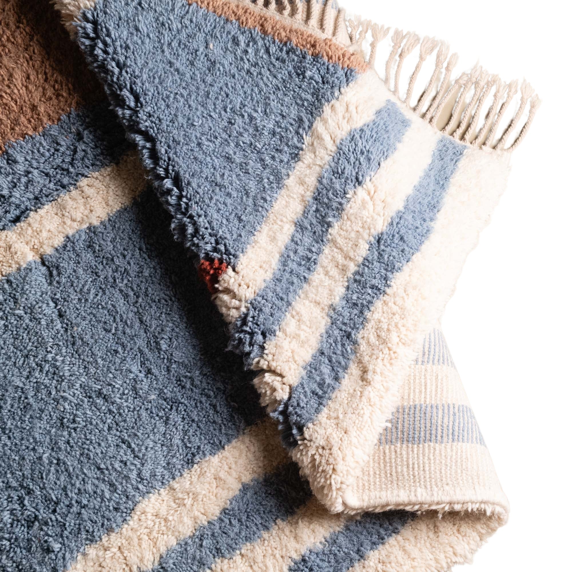 Sky & Sand handmade Mrirt Moroccan wool rug in beige, blue & terracotta geometric block design